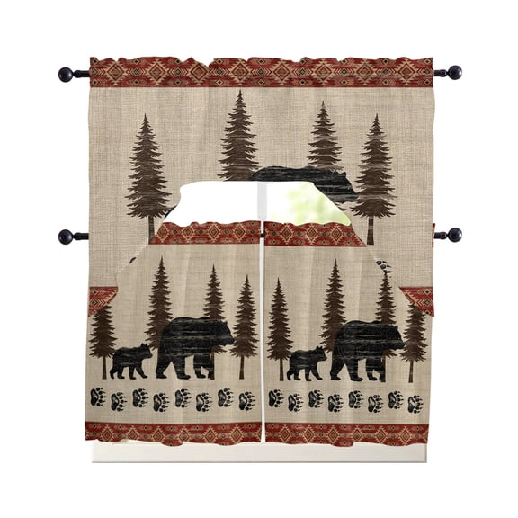 Black Bear Rustic Kitchen Curtains Set for Windows 3 Piece Cafe Curtains 24 Inch Length Swag Curtains Valances and Tier Set Trees Cabin Vintage Art Retro Art Drapes for Bedroom Bathroom Living Room