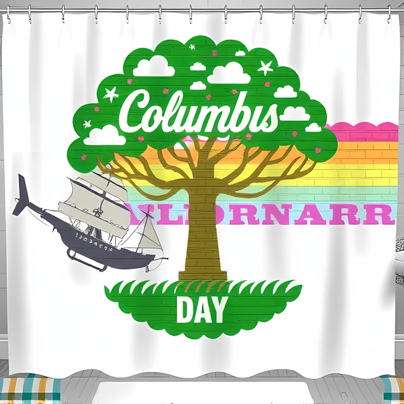 Whimsical Columbus Day Shower Curtain - Colorful Tree & Sailing Ship Design Festive Home Decor