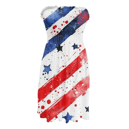 CHCNHAC Beach Dresses for Women 4th Of July Patriotic Dresses Stars and Stripes Print Casual Flowy Swing Strapless Tea Party Dress Red S