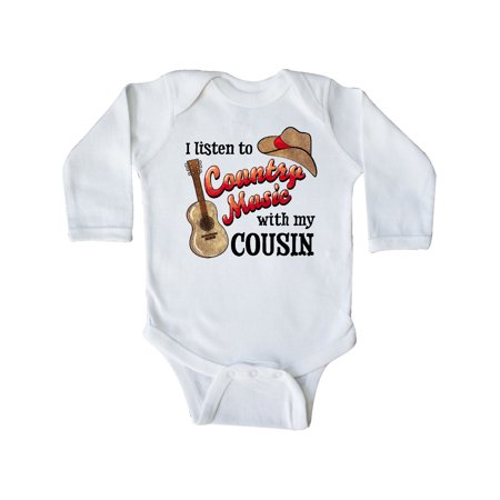 

Inktastic I Listen to Country Music with my Cousin Guitar and Hat Gift Baby Boy or Baby Girl Long Sleeve Bodysuit