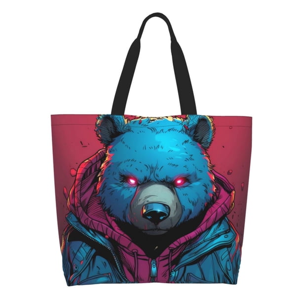 Disketp Neon Cyberpunk Blue Bear Bolsa Tote Estampada para Mujer, Bolso de Hombro y de Mano para Compras y Viajes