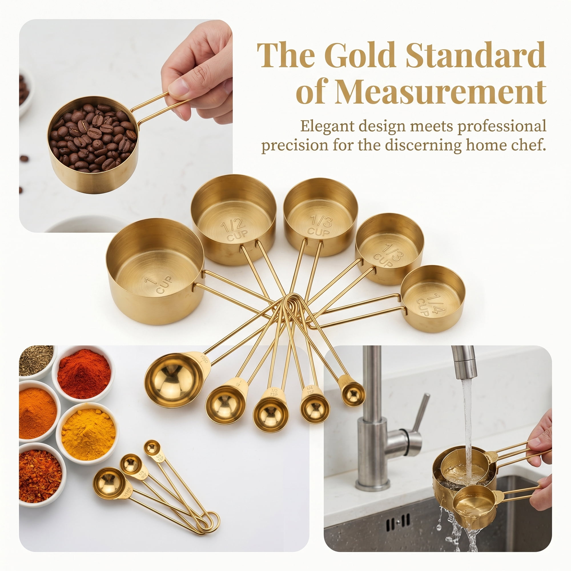 Unique Bargains Stainless Steel Measuring Durable Metal Spoons for Cooking Gold-B 8Pcs