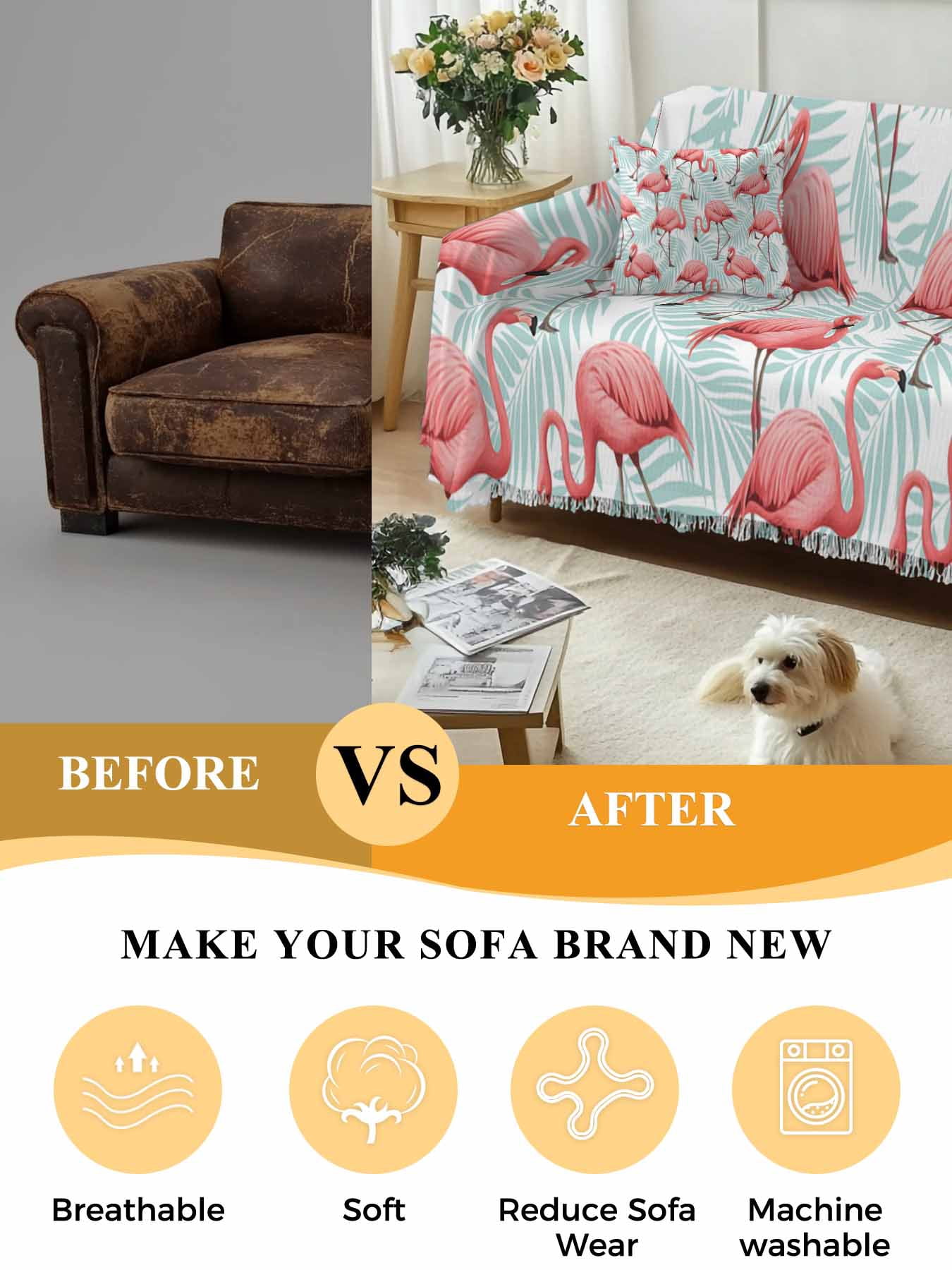 Pink Flamingo Couch Cover, Blue Summer Tropical Plants Leaves Sofa Cover Blanket for Loveseat Couches, Sectional Sofa Slipcover Furniture Protector for Living Room Bedroom 71''x118''