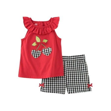 Kids Headquarters Infant Girls Cherry Shirt & Black Check Shorts Outfit