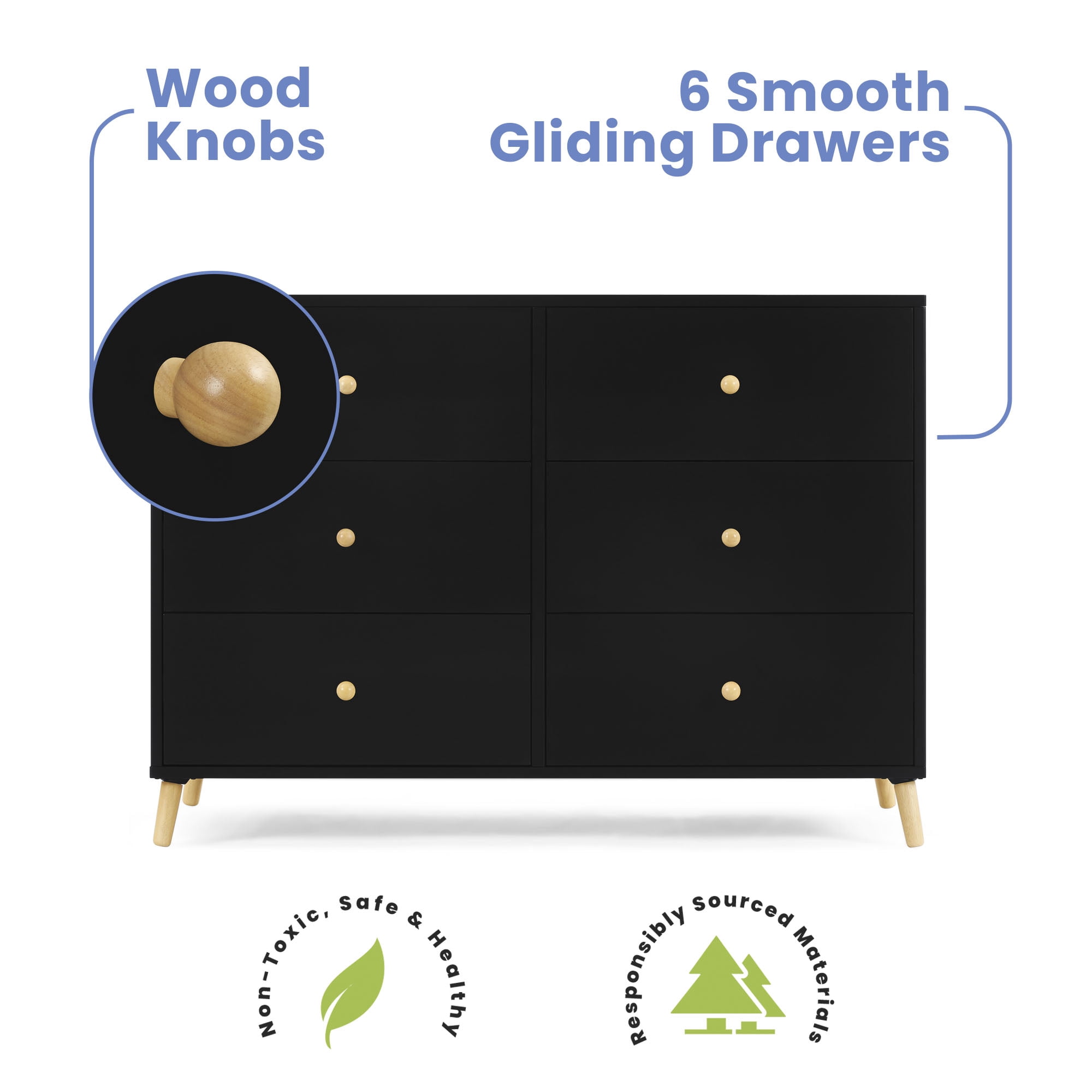Delta Children Essex 6 Drawer Dresser, Black/Natural