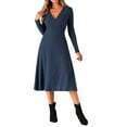 thumbnail image 1 of Vestidos de punto INSPIRE CHIC para mujer, vestido midi de canalé con manga larga, escote en V profundo, estilo envolvente, corte A, color azul marino, 1 of 6