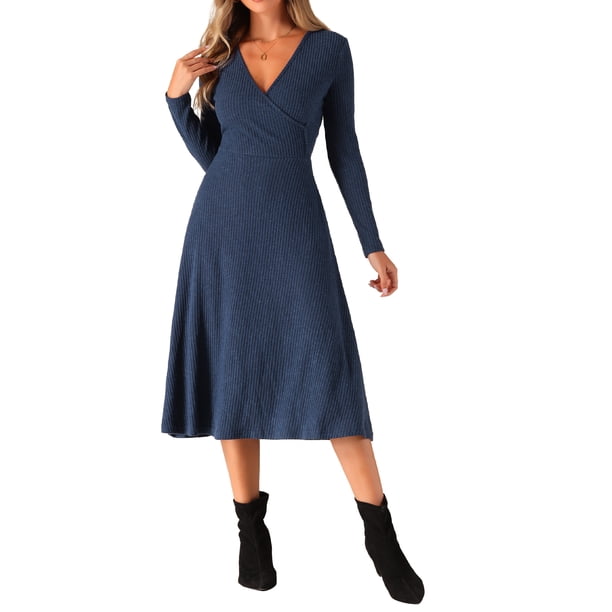 Vestidos de punto INSPIRE CHIC para mujer, vestido midi de canalé con manga larga, escote en V profundo, estilo envolvente, corte A, color azul marino