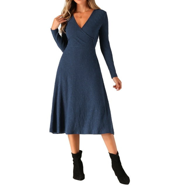 Vestidos de punto INSPIRE CHIC para mujer, vestido midi de canalé con manga larga, escote en V profundo, estilo envolvente, corte A, color azul marino