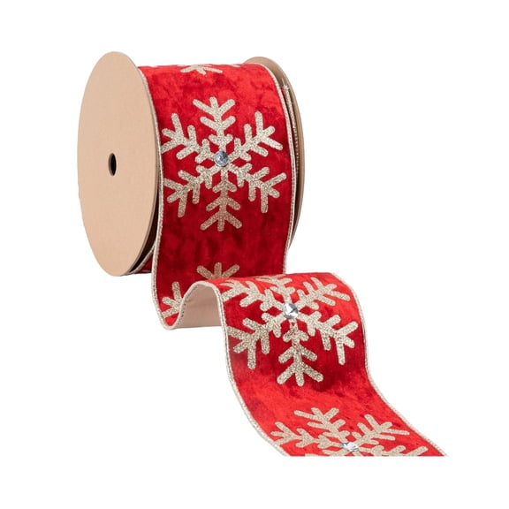 LaRibbons 4" Wired Velvet, Glitter Snowflake with Jewel on Red, 10 Yard Roll