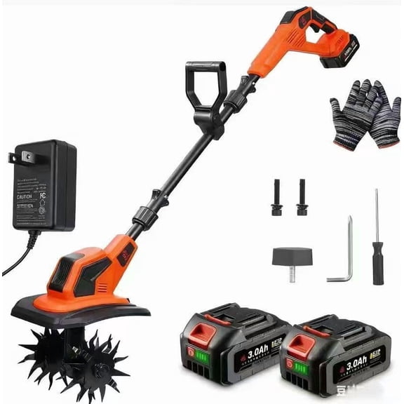 21V Cordless Tiller Cultivator with 2 * 3.0Ah Batteries & Charger, 9In Tilling Width and 6.7In Depth Garden Rototiller for Lawn/Gardening/Soil Cultivation
