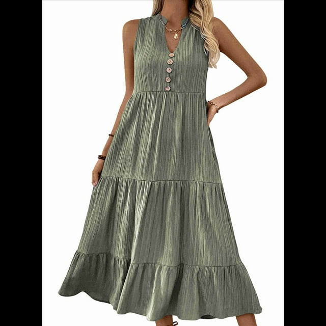 Robe Chemise Sans Manches d'Été 2025 pour Femmes Col en V Décontractée Midi Vert P