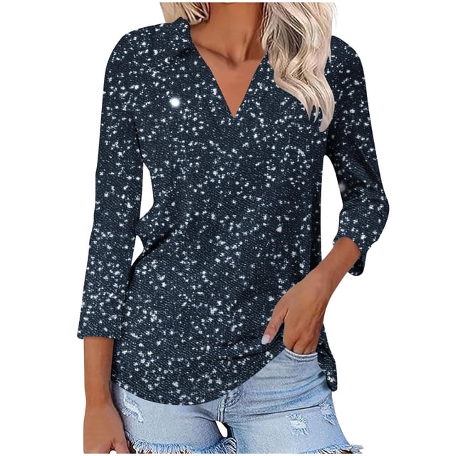 Camiseta de Solapa de Cuello en V de la Manga Superior de 3/4 de las Mujeres, Uso Diario Cómodo Casual