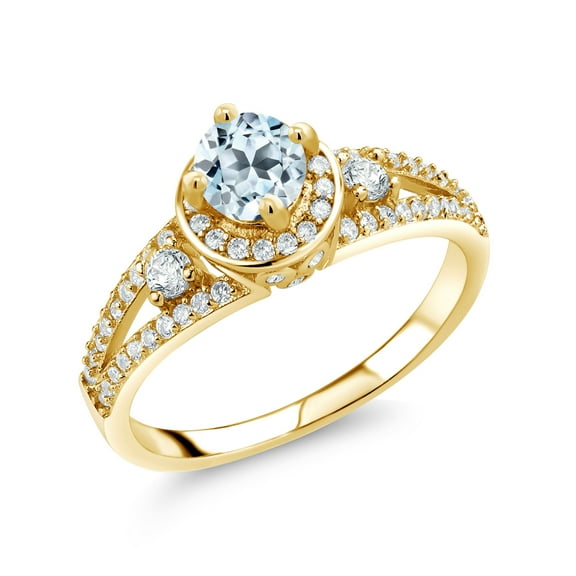 Gem Stone King 18K Yellow Gold Plated Silver Sky Blue Topaz Engagement Ring for Women (1.64 Cttw, Round 5MM, Gemstone November Birthstone, Size 6)