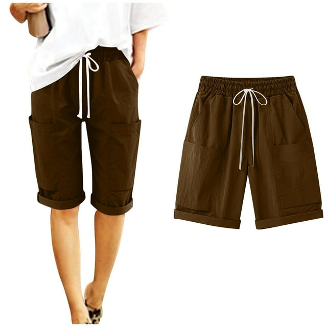 Pantalon Capri Cargo à Cordon pour Femmes, Poignets Roulés, Décontracté, Été, Voyage, Randonnée, Shorts avec Poches, Brun, TG