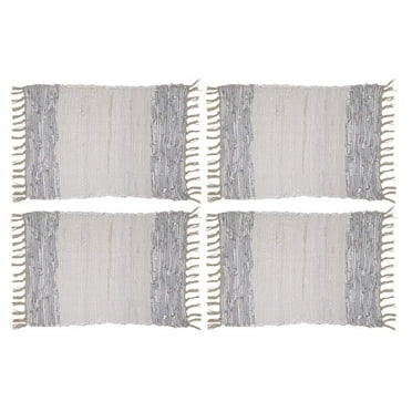 Fennco Styles Silver Striped Leather Chindi Cotton Place Mats with Fringe 14"x20" Set of 4