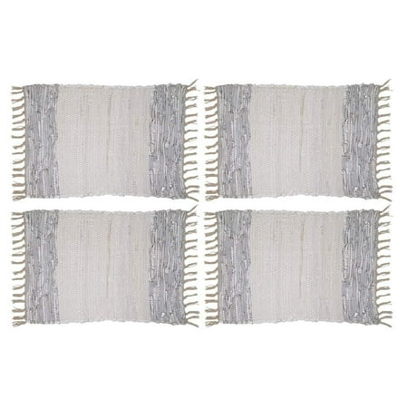 

Fennco Styles Silver Striped Leather Chindi Cotton Place Mats with Fringe 14 x20 Set of 4