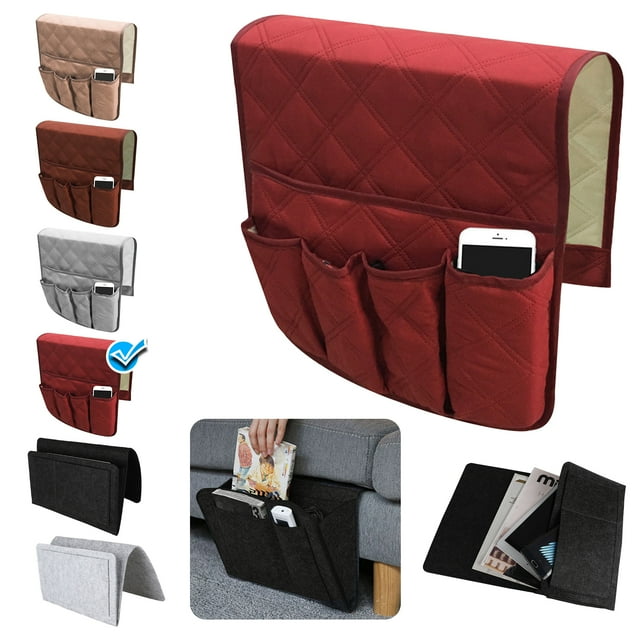 Couch Sofa Chair Armrest Remote Control Storage Organizer Holder, Non-Slip Armchair Caddy Pocket Holder Organizer with 5 Pockets for Phone, Book, Magazines, Ipad, TV Remotes-Brown/Gray/Beige/Red