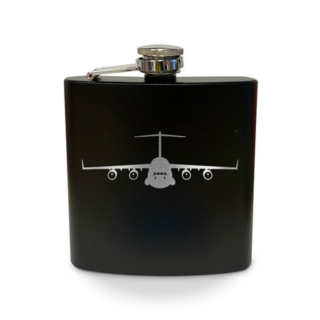 

C-17 Globemaster III Flask 6 oz - Laser Engraved - Stainless Steel - Drinkware - Bachelor Bachelorette Party - Bridal Shower Gifts - Camping - Pocket Hip - c17 cargo aircraft - Black