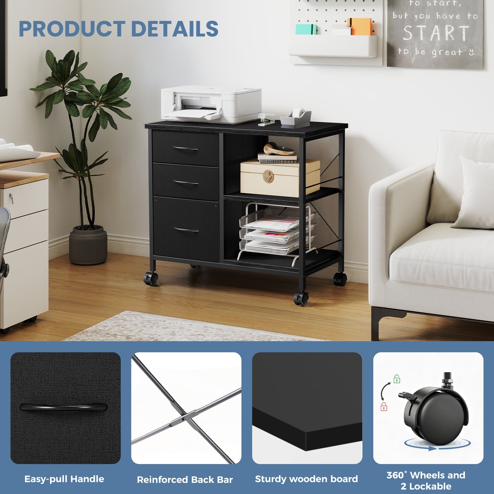 JIOABL 3-Drawer Mobile File Cabinet - Stylish Rolling Storage Solution with Open Shelf for Home Office, Black
