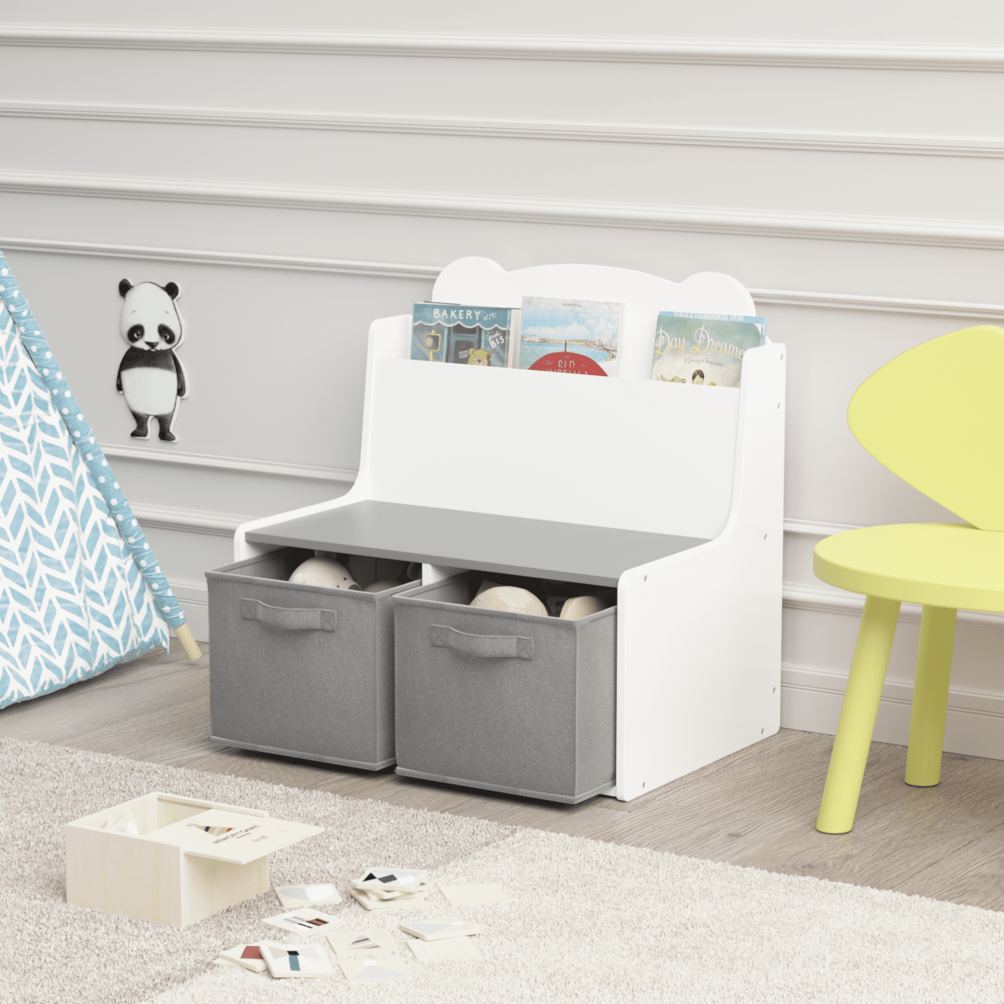 Kids Furniture Kids Bookshelf with Storage Bins – Wooden Bookcase with Book Display Shelf and 2 Fabric Bins, Cute Bear-Shaped Backboard, Toy Organizer for Toddlers and Children, White and Gray,Baby F