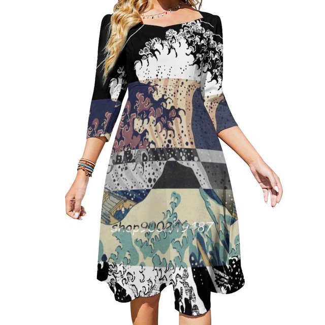 The Great Wave Color Glitch Sweetheart Knot Flared Dress Fashion Design Large Size Loose Dress Threshold Inverted Tumblr
