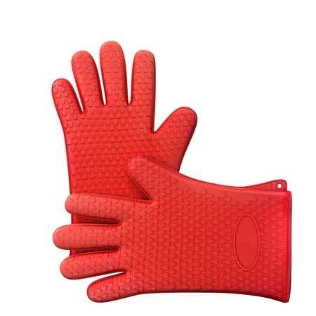 Silicone Oven Gloves- Safe Nonslip Grip Heat Resistant Pair of Mitts/Potholders for Grilling, Barbecue, Baking, Cooking and More by Chef Buddy (Red)