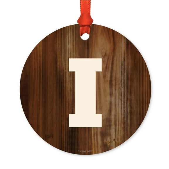 Metal Christmas Ornament, Monogram Letter I, Rustic Wood, Includes Ribbon and Gift Bag