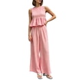 thumbnail image 2 of BRELIL Women's Two Piece Plaid Sets Round Neck Sleeveless Peplum Top Wide Leg Pants Boho Casual 2 Piece Outfits Summer Matching Lounge Travel Tracksuit, Pink M, 2 of 7