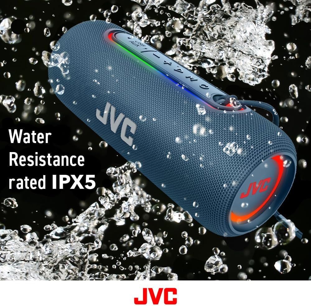 JVC Illuminated Portable Wireless Speaker with 20W max outputs, Dynamic Sound, Bluetooth 5.0, TWS Capability, USB-C, IPX5, AUX in, up to 5-Hour Battery Life - SPPA5BTA (Blue)