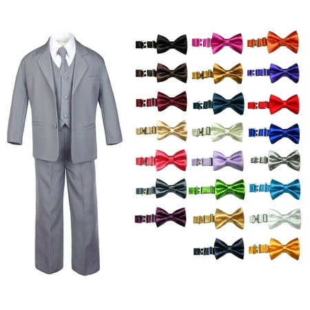 

6pc Baby Toddler Boy Teen Formal Party Suit w/ Satin Bow tie Medium Gray Sm-20
