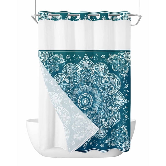 No Hook Cloth Fabric Shower Curtain with Snap in Liner, Teal Boho Floral Waterproof Shower Curtains Set with See Through Top Window, Farmhouse Ethnic Tribal Abstract Art Bath Curtains Shower 60"x72"