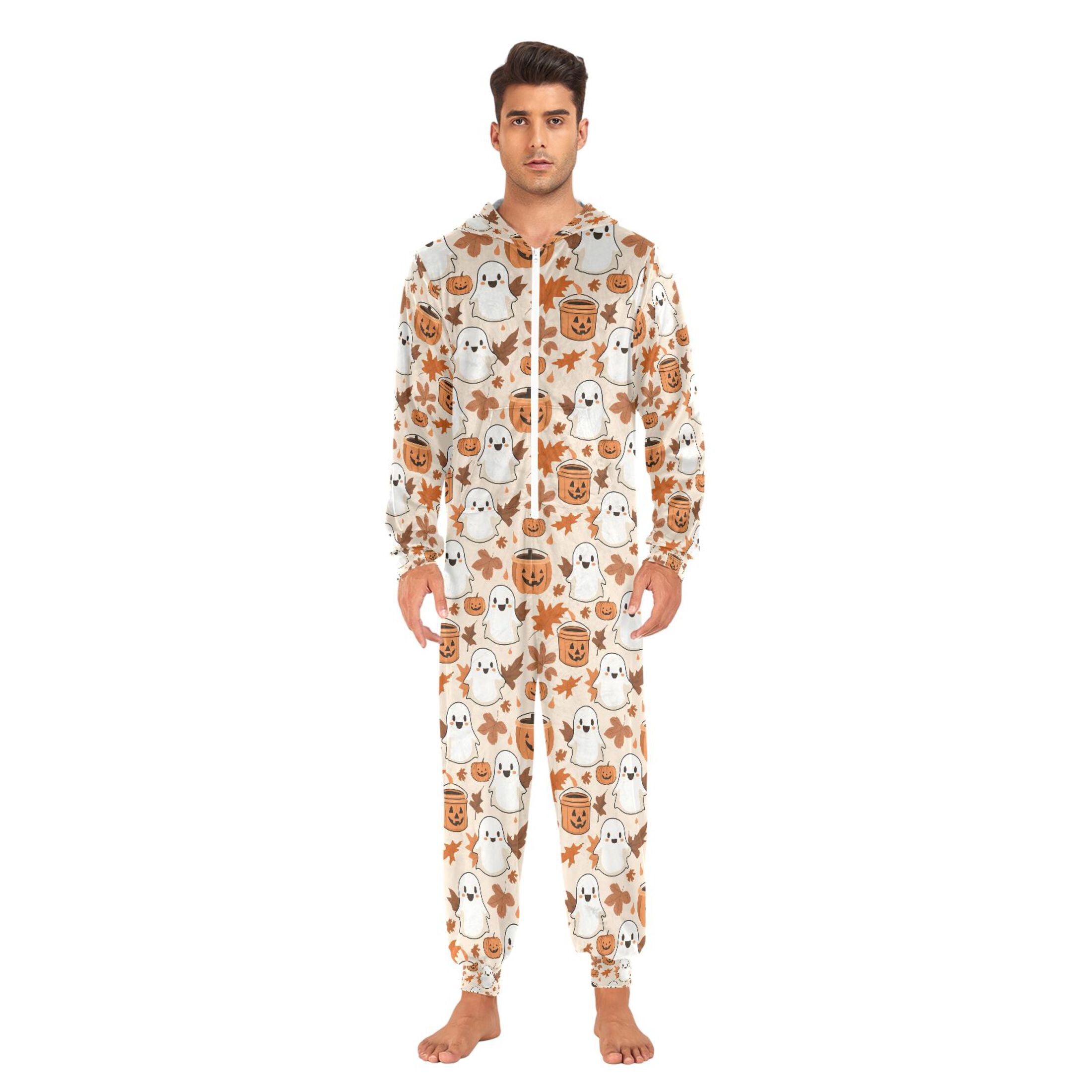 Adult Christmas Onesie Pumpkin Ghost Fall Leaves Adult Zipper One-Piece Pajamas Unisex Pajamas with Pockets