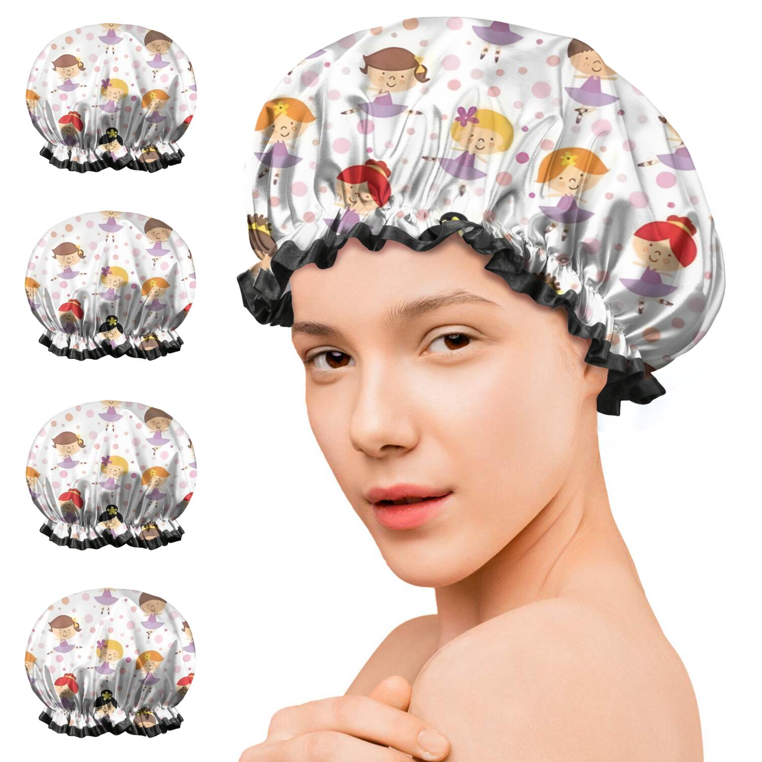 Shower Caps,Ballet Princess Girls Pattern Waterproof Shower Cap for Women 4 Pieces,Double Reusable Hair Cover for Shower PEVA Elastic Stretch Hem