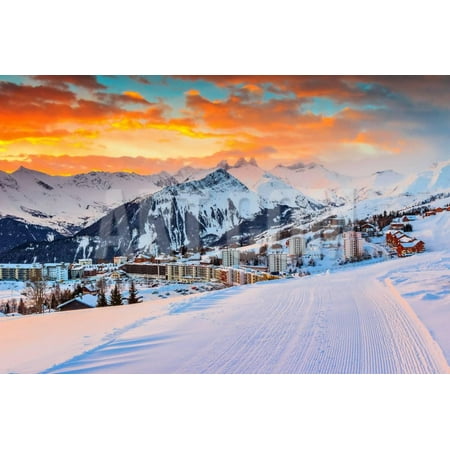 Majestic Winter Sunrise Landscape and Ski Resort in French Alps,La Toussuire,France,Europe Print Wall Art By Gaspar
