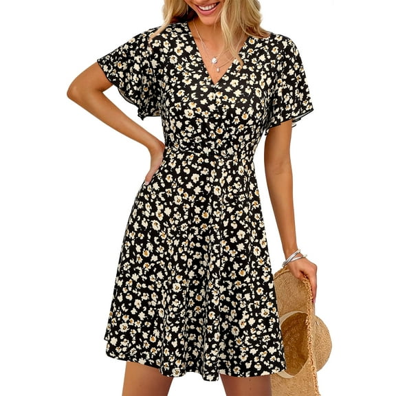 PRETTYGARDEN Women's Summer Sundress Spring Short Sleeve V Neck Swiss Dot Midi Boho Long Dresses Wedding Guest Dress