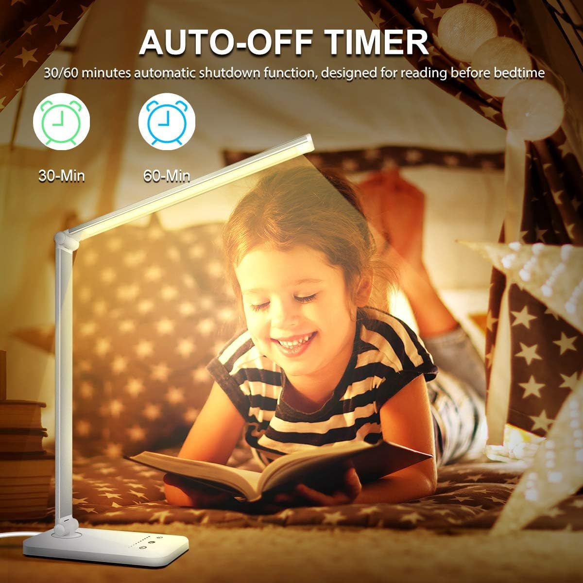 White crown LED Desk Lamp Dimmable Table Reading Lamp with USB Charging Port, 5 Lighting Modes, Sensitive Control, 30/60 Minutes Auto-Off Timer, Eye-Caring Office Lamp (Black)