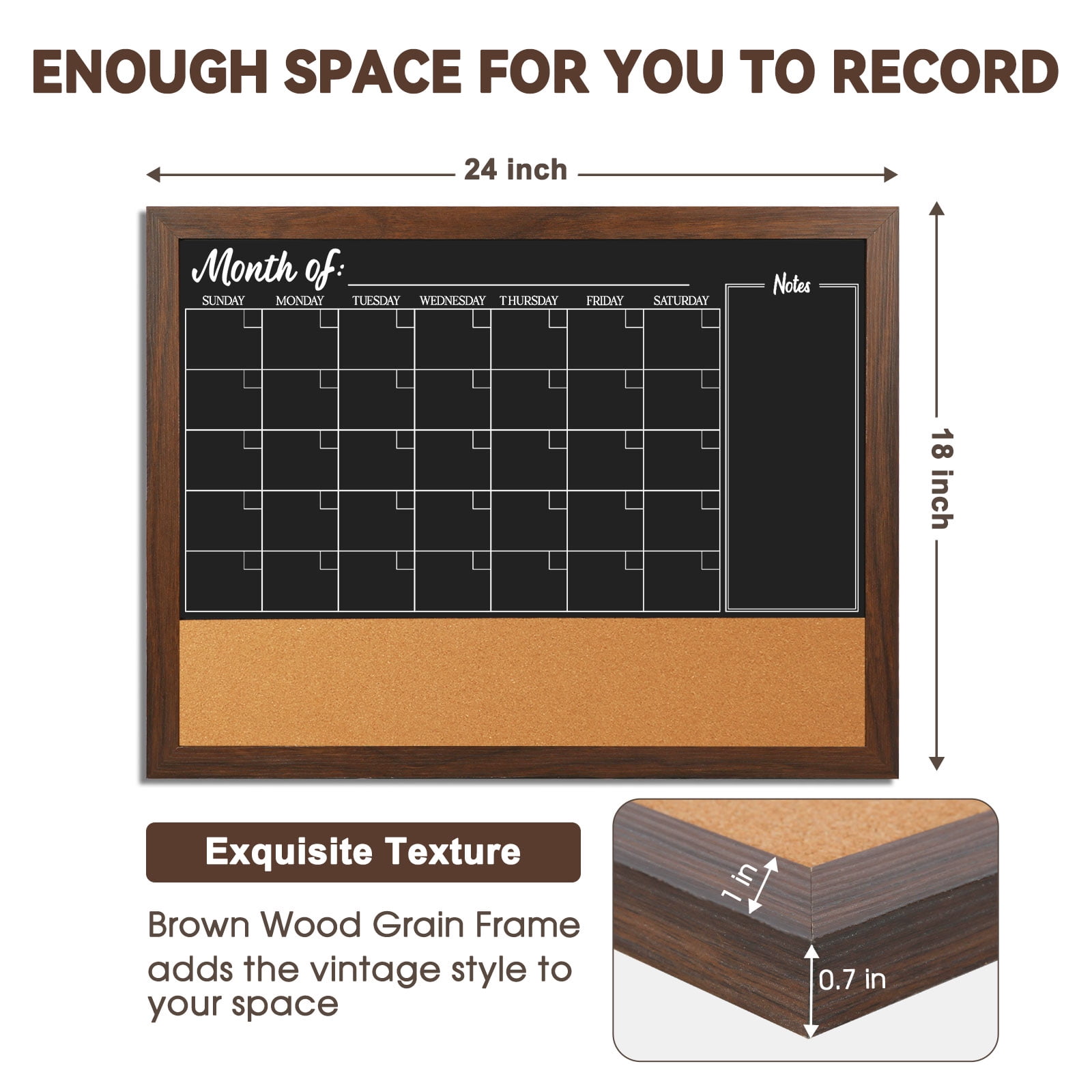 18" x 24" Chalkboard Calendar Corkboard Combo Bulletin Board Magnetic Calendar Chalkboard for Wall Combination Board Monthly Planner Blackboard Rustic Brown Frame with 2 Markers 6 Magnets 4 Pushpins