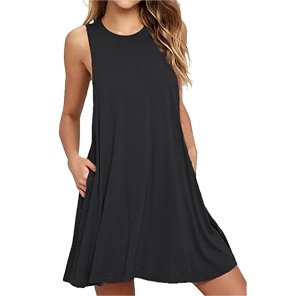 Women's Full Size Round Neck Sleeveless Dress with Pockets 95% rayon and 5% spandex for Everyday Casual Comfort