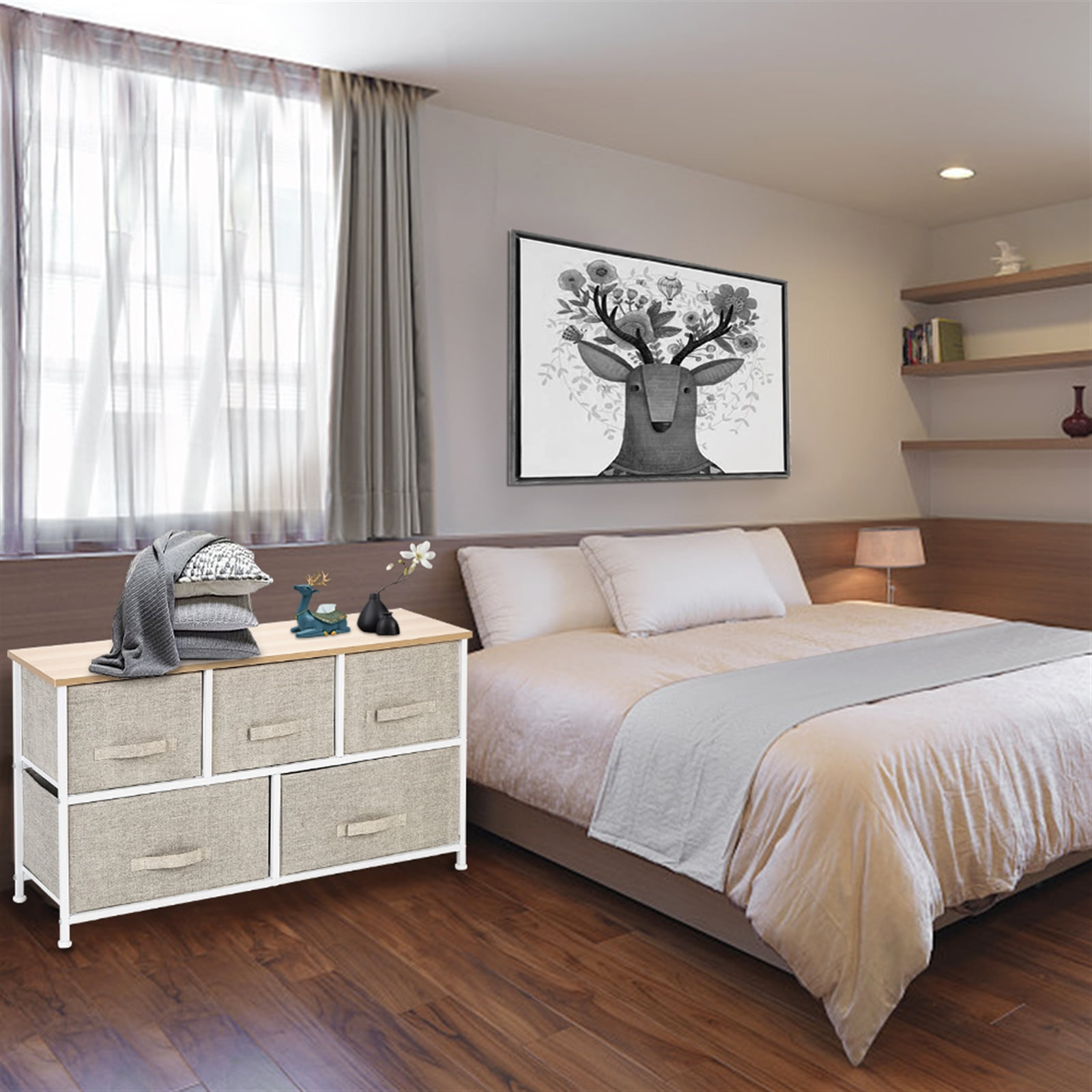 Private Jungle 2-Tier Wide Closet Dresser Nursery Dresser Tower With 5 Fabric Drawers Storage Tower, Sturdy Steel Frame, Wood Top, Easy Pull Handle,Linen/Natural Private Jungle 2-Tier Wide Closet Dresser Nursery Dresser Tower With 5 Fabric Drawers Storage Tower, Sturdy Steel Frame, Wood Top, Easy Pull Handle,Linen/Natural