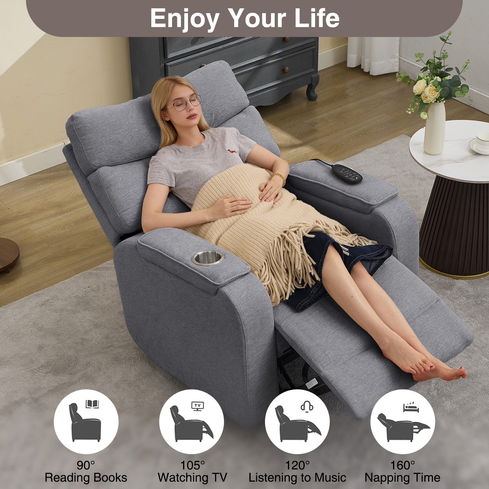 Aemeios 22in Wide Power Recliner Chair with Massage and Heat, Swivel Rocker, Grey