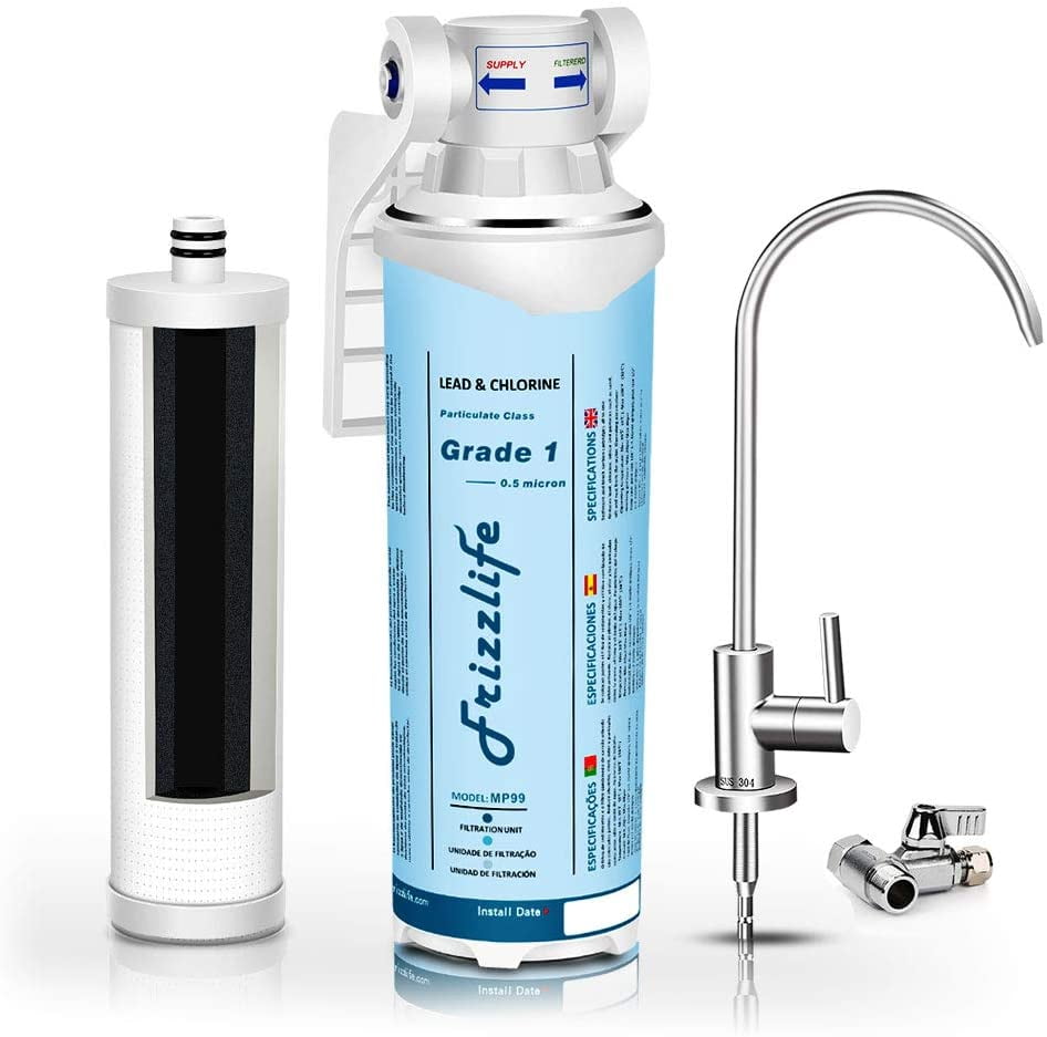Frizzlife Under Sink Water Filter-Quick Change Under Counter Drinking Water Filtration System-0.5 Micron High Precise Removes 99.99% Lead, Chlorine, Bad Taste &amp; Odor-With Dedicated Faucet