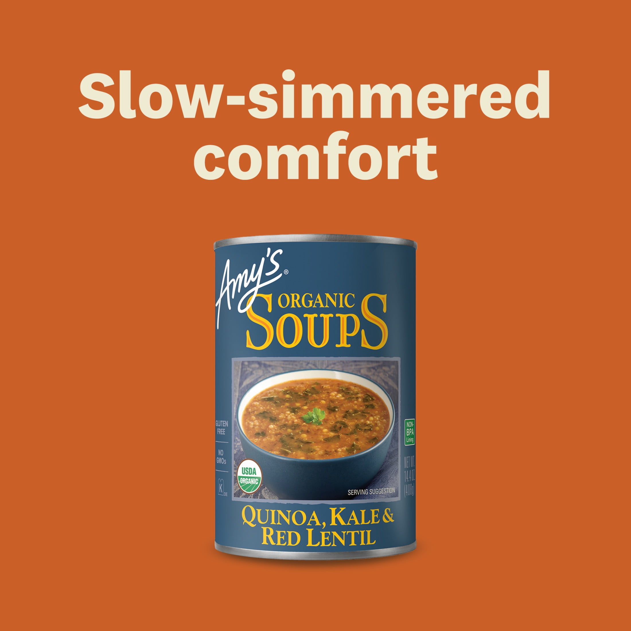 (4 pack) Amy’s Soup, Plant-Based Organic Quinoa, Kale & Red Lentil Soup, Gluten Free, Made With Organic Green Lentils and Vegetables, Canned Organic Soup, 14.4 Oz