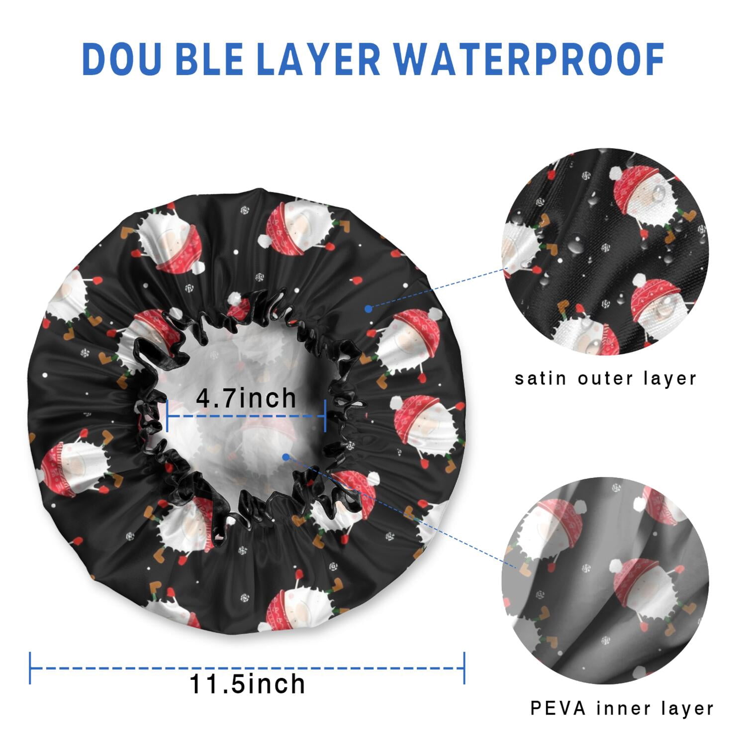 Shower Caps,Black Christmas Santa Pattern Waterproof Shower Cap for Women 4 Pieces,Double Reusable Hair Cover for Shower PEVA Elastic Stretch Hem