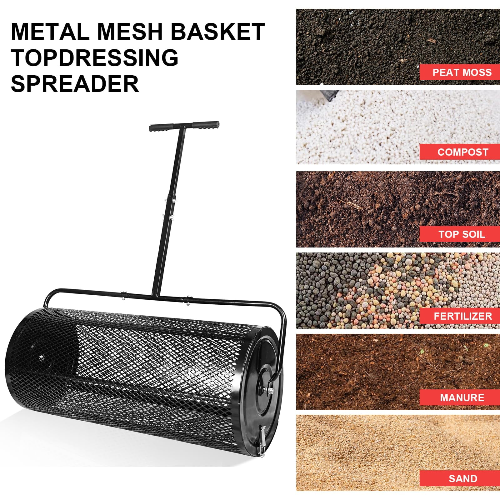 Lixhey 36-Inch Compost Spreader & Peat Moss Spreader – Lawn Roller Spreader with Adjustable T-Handle, Steel Mesh Basket, Black