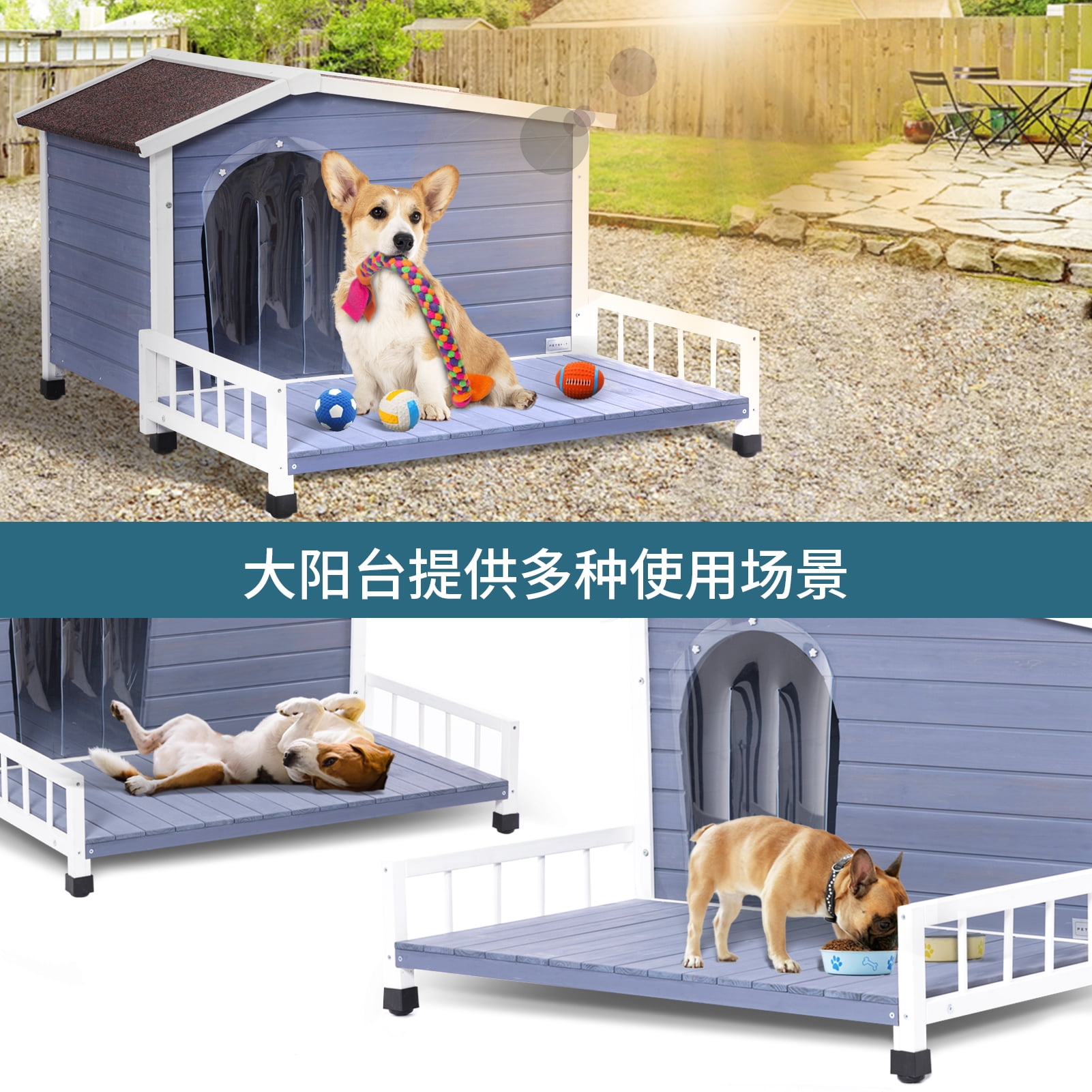 Noaman Large Wooden Dog House Indoor Outdoor with Terrace, Waterproof Asphalt Roof, Raised Floor & Windows, Grey, 45"L x 54"W x 33"H for Small & Medium Dogs