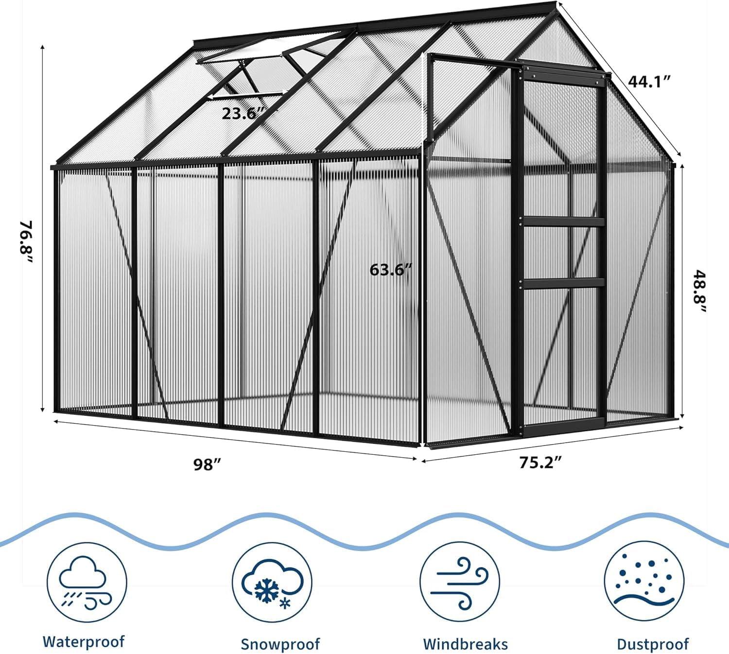 All-Season Polycarbonate Walk-In Greenhouse 6x8 FT – Durable Aluminum Frame, Sliding Door, Adjustable Roof Vent, Rain Gutter – Ideal for Outdoor Garden, Patio, Backyard – 8-Black