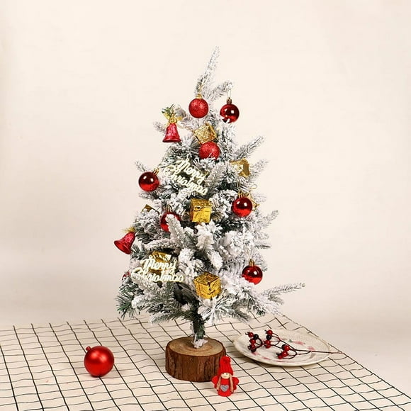Ratfeit Snow Flocked Christmas Tree Artificial Mini Christmas Tree Pine Tree Indoor Tabletop Ornaments Decorations, Stump Base and Christmas Balls, 17.7 inch