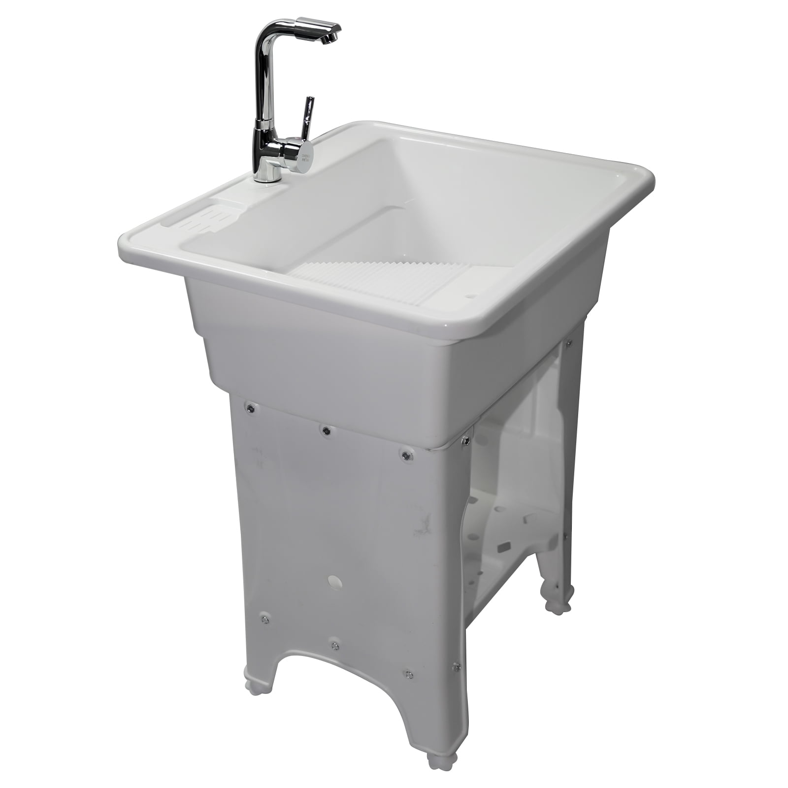 Freestanding Plastic Utility Sink Laundry Tub outdoor sink Drop in Deep sink kit with Inlet and Drain Pipe with Hot&Cold Faucet,Basement for Laundry Room&Garage or Shop,Size:31.5*22.05*31.5in(white)