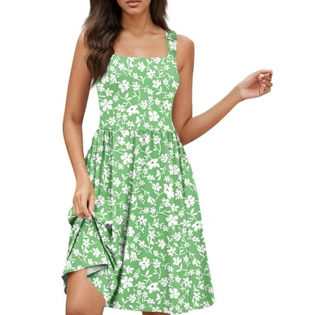 Balsamic Vinaigrette Dressing  Casual Beach Vacation Sundress Square Neck With Pockets Floral High Waisted A Line Mini Tank Dress Mother S Day Lingerie Dress (XXL  Green) ZMTing