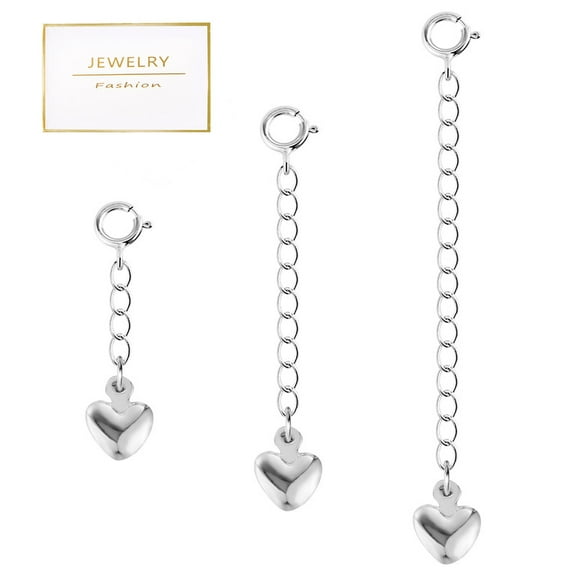 Alexcraft 3Pcs Silver Extension Chain with Heart Charms Findings Extender Lobster Clasps for Jewelry Bracelet Necklace Making